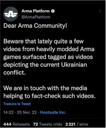 Une vidéo publiée sur Twitter prétend montrer la destruction d’un convoi de conseillers militaires de l’OTAN par l’armée russe en Ukraine. La séquence est extraite d’un jeu vidéo appelé « Arma III » La vidéo, publiée sur le réseau social Twitter, dure 2 minutes 19 secondes. Elle est accompagnée de cette légende : « Le convoi des conseillers militaires de l'OTAN détruit par l'armée russe en Ukraine ». La même vidéo a été reprise par cette page Facebook, avec la même légende et a fait l’objet de plus de 5 200 partages et plus de 3 000 commentaires. Extrait d’un jeu vidéo La vidéo a été extraite d’un jeu vidéo appelé « Arma III ». Vous pouvez trouver cet extrait publié sur YouTube, le 6 avril 2022, en cliquant ici. Dans un communiqué, diffusé sur le compte Twitter de l’Arma III, la société des créateurs de jeu vidéo avertit que de nombreux extraits de ses jeux, fortement modifiés ont refait surface, étiquetés comme des vidéos illustrant le conflit ukrainien actuel. C’était le 25 février dernier, un jour après le début de la guerre russo-ukrainienne. Cette vidéo refait surface après que la guerre entre la Russie et l’Ukraine a pris une autre tournure. Pour rappel, dans la nuit du 7 au 8 octobre, une explosion est survenue sur le pont Kertch (Crimée) provoquant la destruction partielle de celui-ci. L’attaque a été attribuée à l’Ukraine et en guise de réplique, la Russie a mené une vaste opération de bombardement sur Kiev.