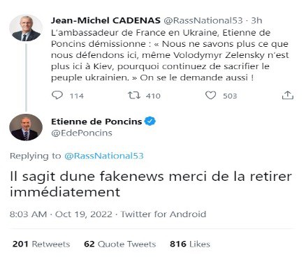 Sur de nombreux comptes Facebook ouest-africains, des rumeurs font état de la démission et du départ de Kiev de l’ambassadeur de France en Ukraine, Etienne de Poncins, après des frappes russes. Il n’en est de rien.